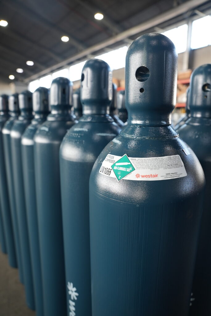 Compressed nitrogen gas cylinders in a storage facility