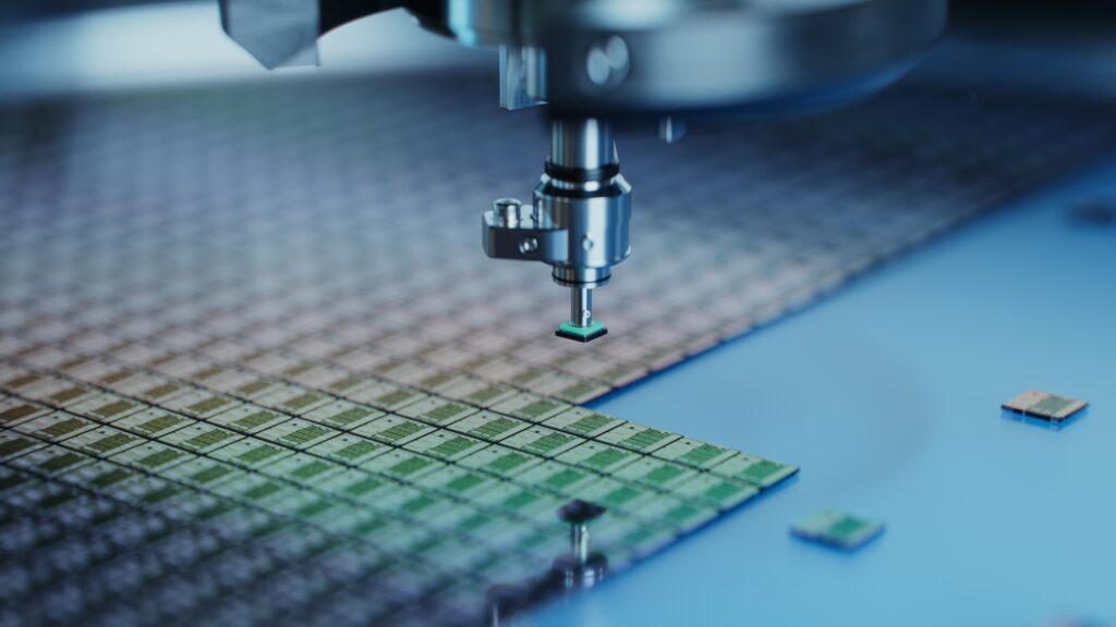 Automated semiconductor manufacturing equipment inspecting silicon wafers during microchip production