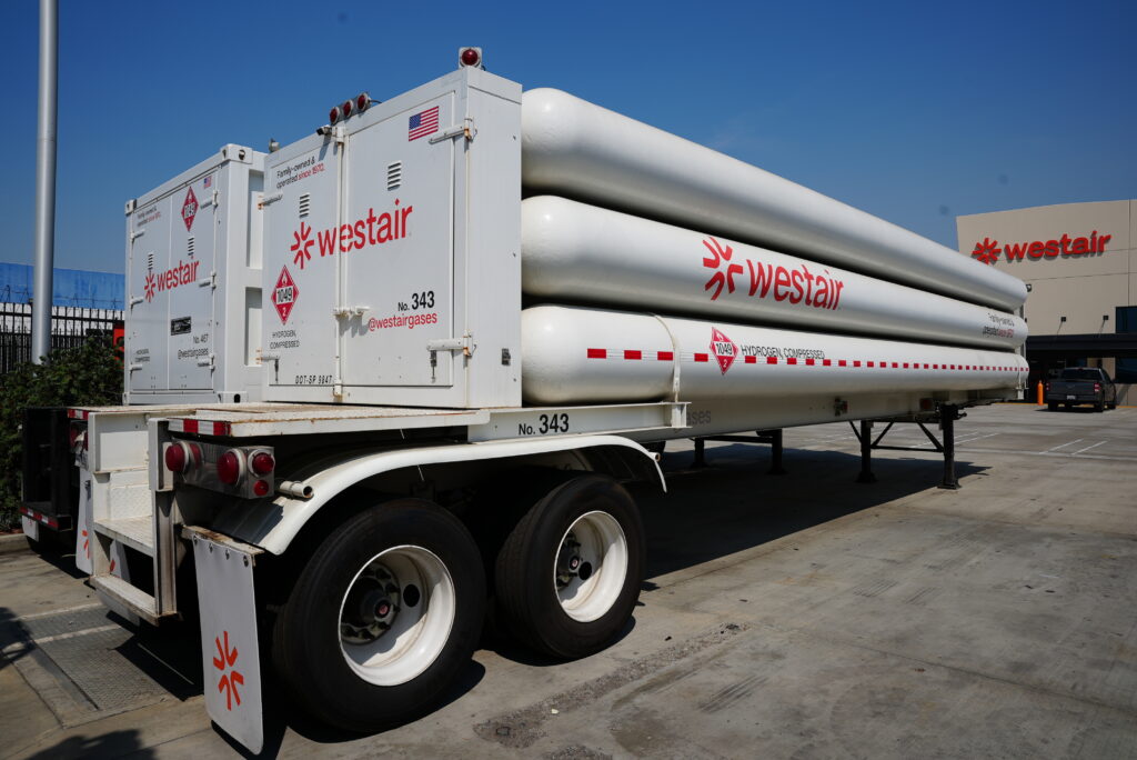 WestAir tube trailer loaded with compressed hydrogen cylinders