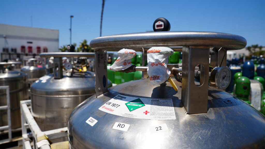 WestAir cryogenic liquid nitrogen cylinder in an outdoor cylinder yard