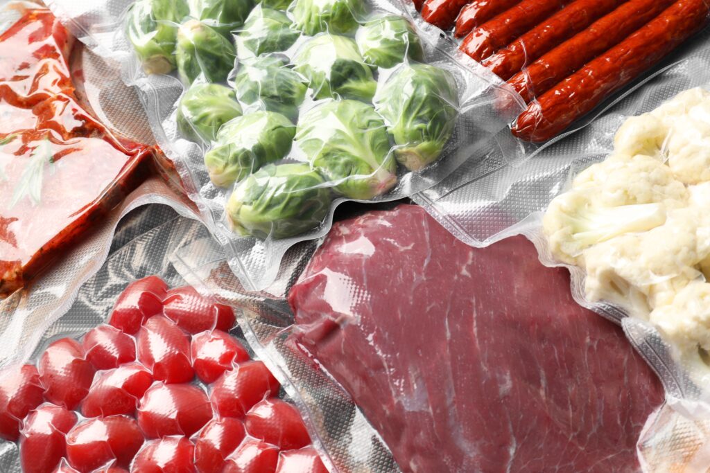 Vacuum-packaged meat, vegetables, and other foods prepared for extended shelf life