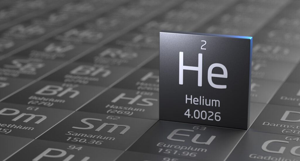 Helium element tile showing the symbol He, atomic number 2, and atomic mass 4.0026 on a periodic table